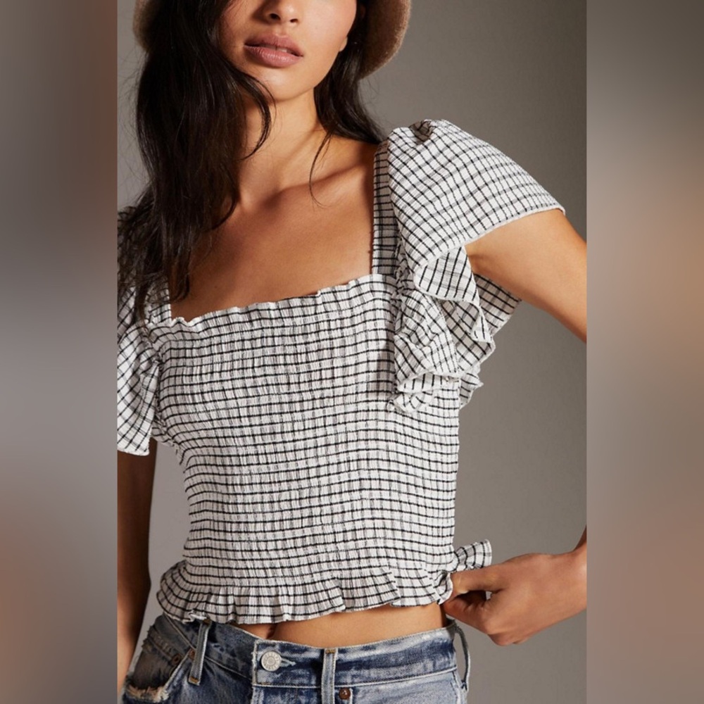 Anthropologie Crinkle Gingham Smocked Top